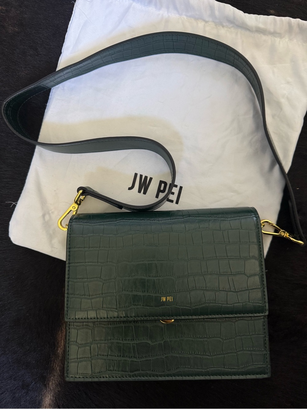 JW PEI Forest Green Croc-Embossed Crossbody Bag with Gold Hardware